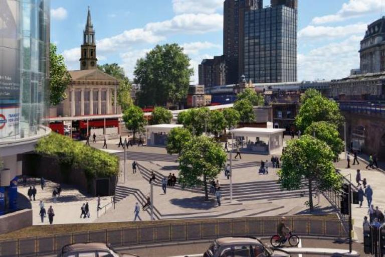 Graphic illustration of waterloo roundabout with buildings in backdrop, trees, people and black taxi's