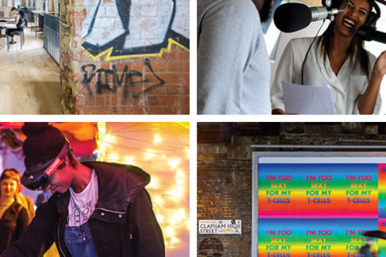 Collage of 4 images of a woman singing, a woman working at a desk, people wearing virtual reality headgear and a billboard under a bridge