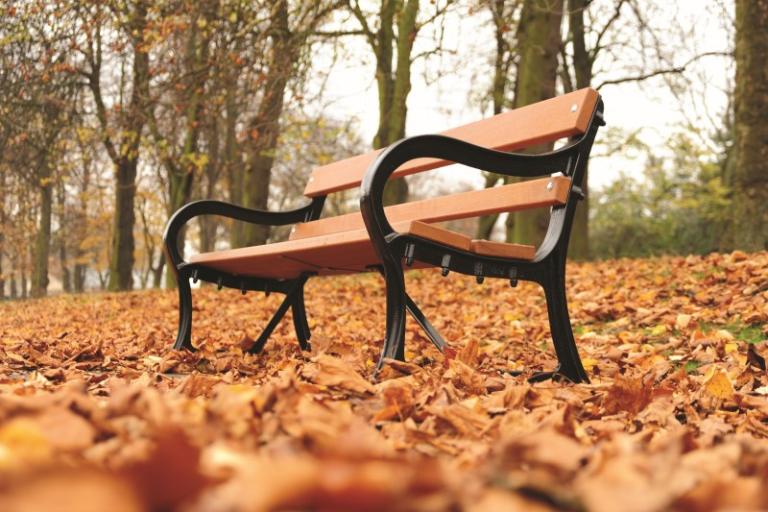 photo of an Ashbourne style memorial bench with pine slats and black arms