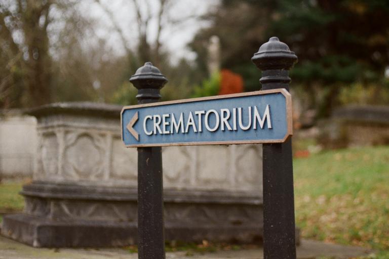 Crematorium sign in graveyard