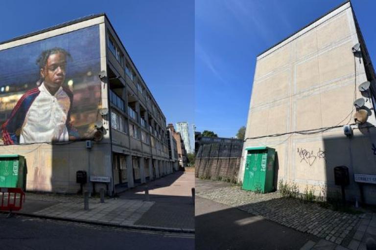 Mural of African caribbean young male on side of estate housing block