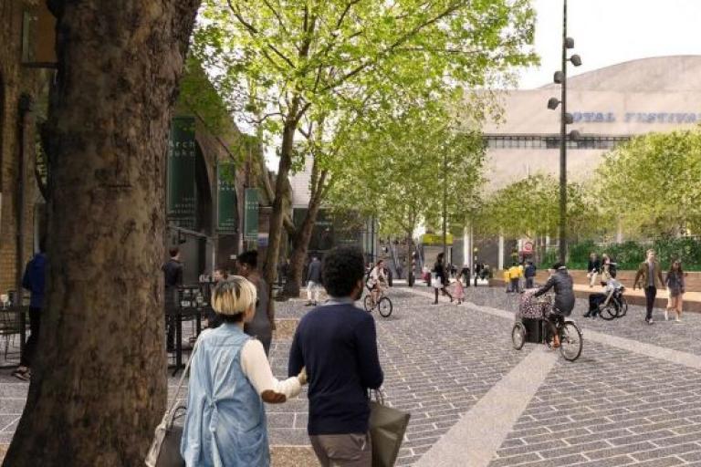 People walking and cycling on South Bank public space