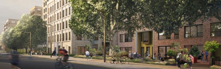 Cyclist on street and buildings