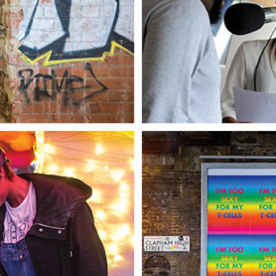 Collage of 4 images of a woman singing, a woman working at a desk, people wearing virtual reality headgear and a billboard under a bridge