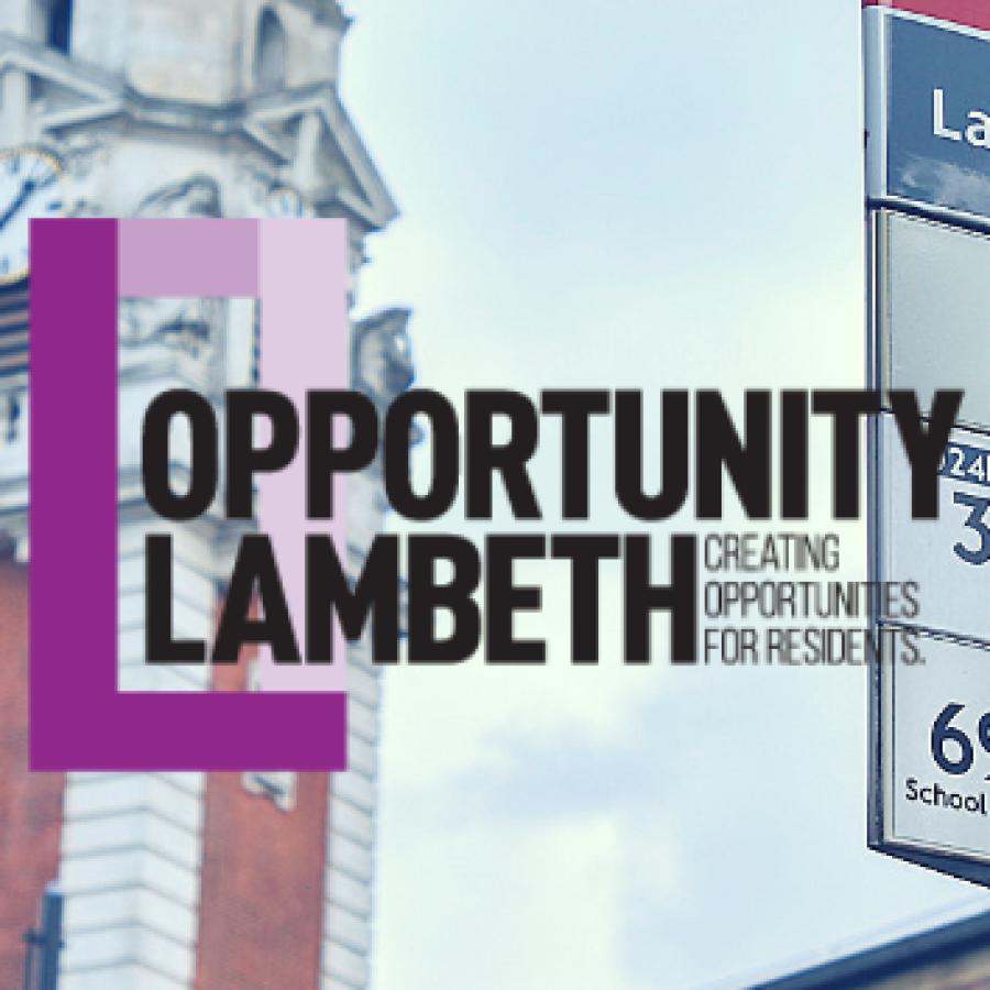 Top half of Lambeth Town Hall clock tower and opportunity Lambeth logo