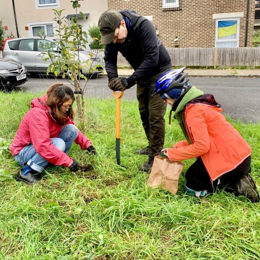 Local volunteers planting a new Bee Roads site on Ladas Road in West Norwood