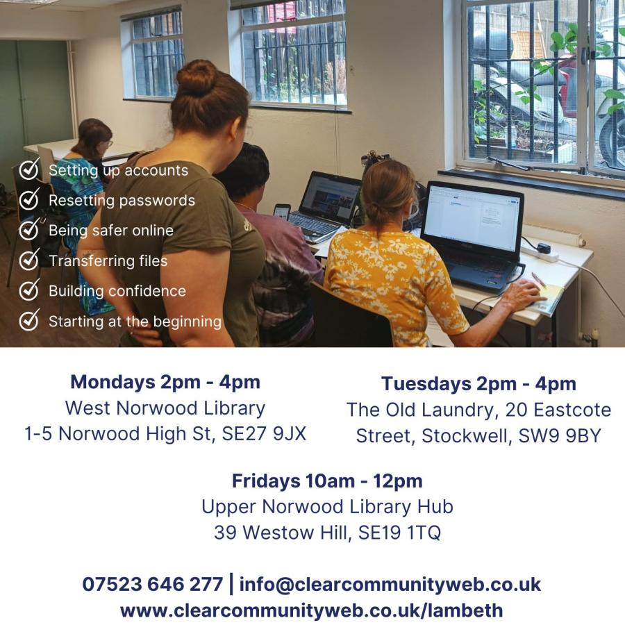 poster for Clear Community Web Digital drop ins showing 2 people at desks with computers