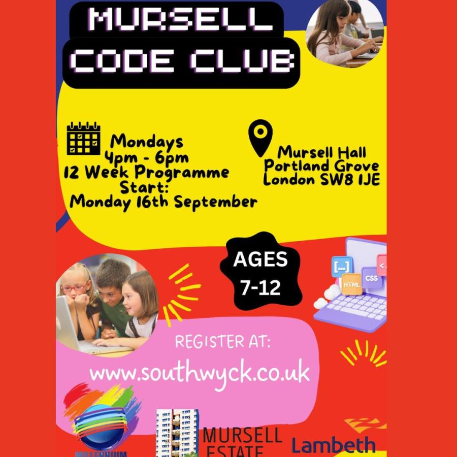 poster for Millennium community services coding for ages 7-12 sept 2024