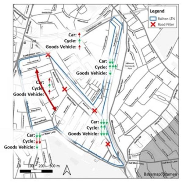 Map of the Railton area showing the way that traffic has changed on various roads through the area.