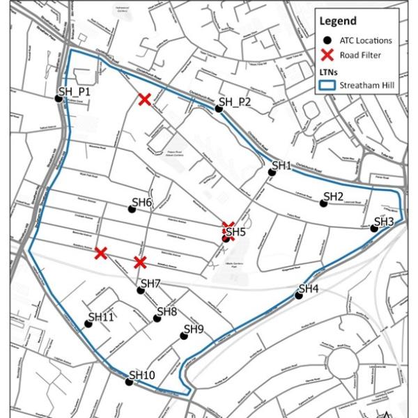 a map of the Streatham Hill LTN showing the traffic count and filter locations within and on the periphery of the LTN